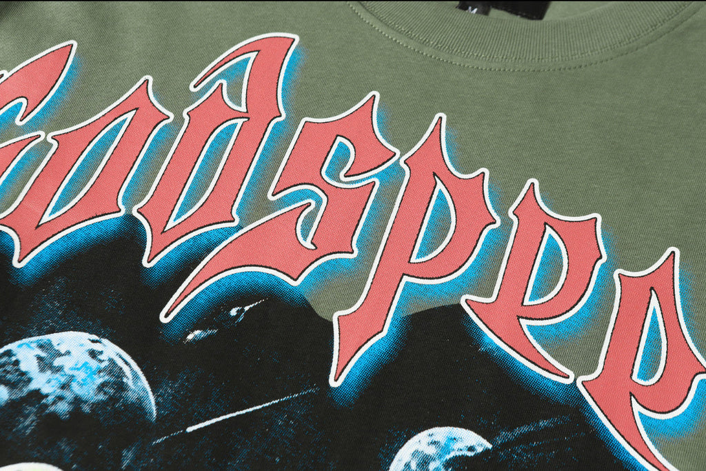 Godspeed Skeletons Playing Chess Space Short Sleeve Tee (Olive Green)