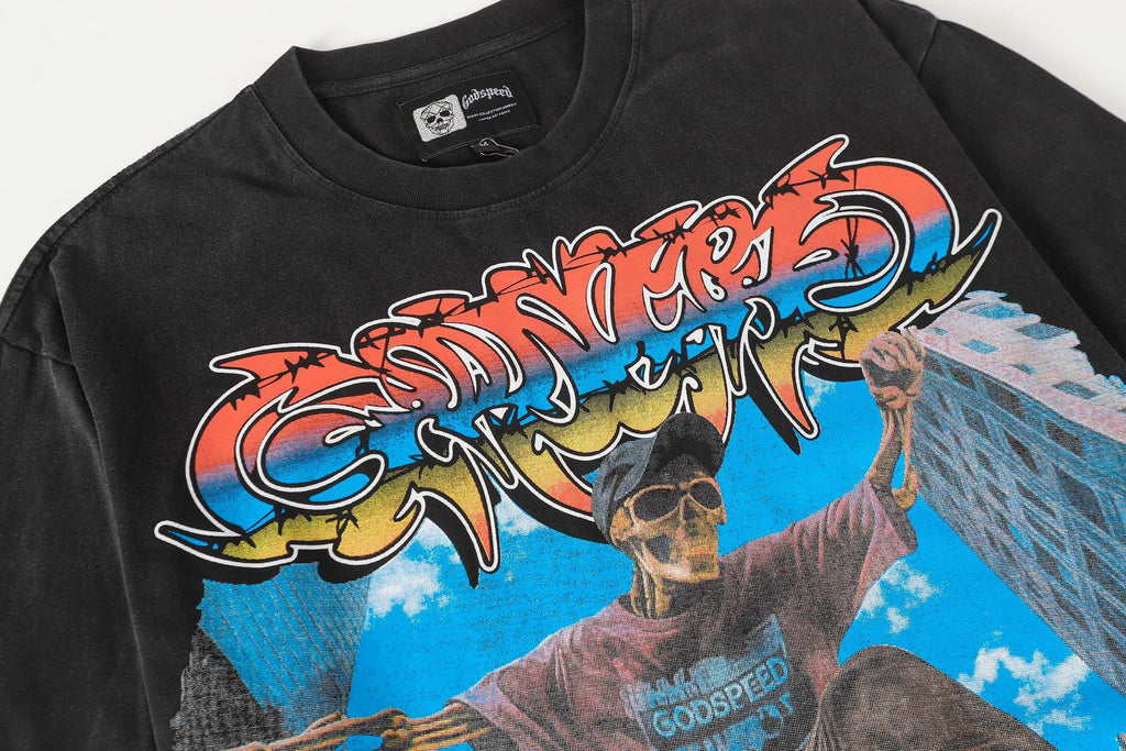 Godspeed Skeleton Skateboard City Graphic T‑Shirt (Washed Black)