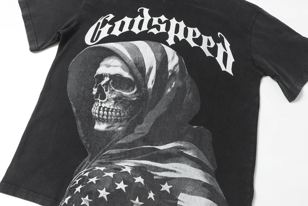 Godspeed American Flag Hooded Skeleton Short‑Sleeve T‑Shirt (Black)