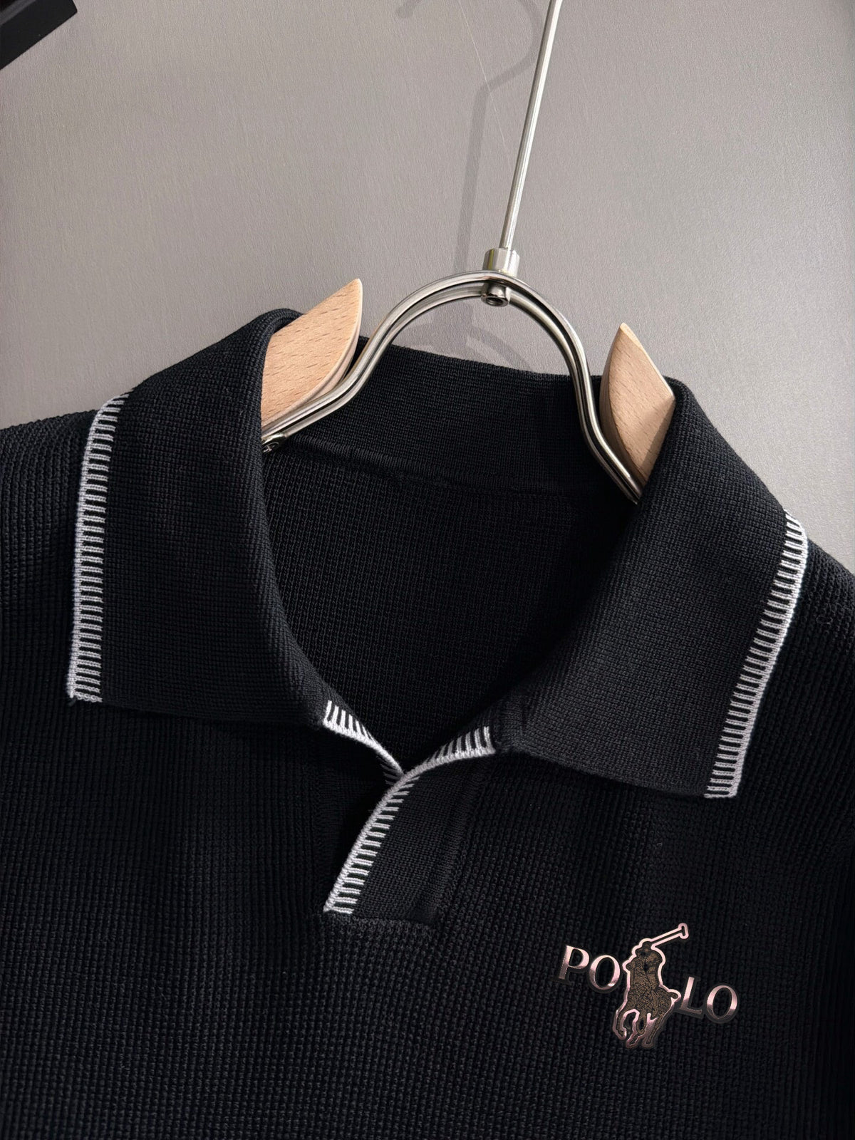 Men's Knit Short‑Sleeve Polo Shirt Contrast Trim Collar Embroidery Top