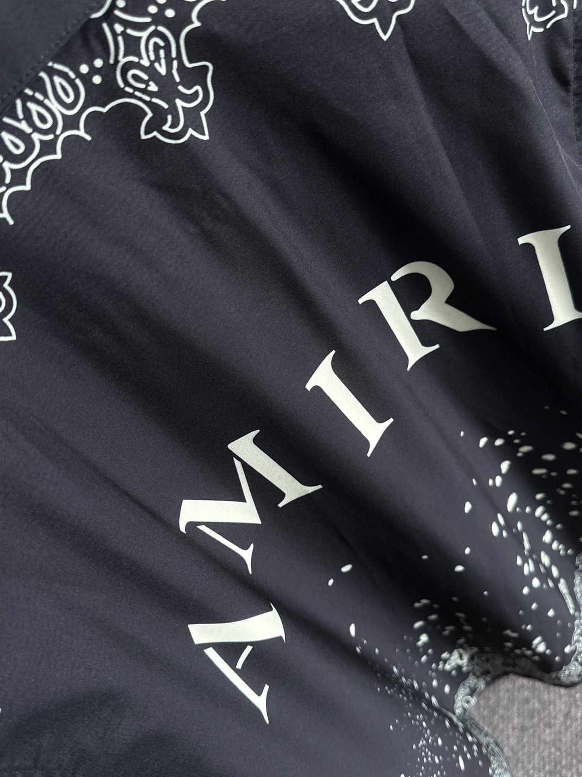 AMIRI MA Logo Bandana Border Bleach Splatter Camp Collar Shirt and Shorts Set