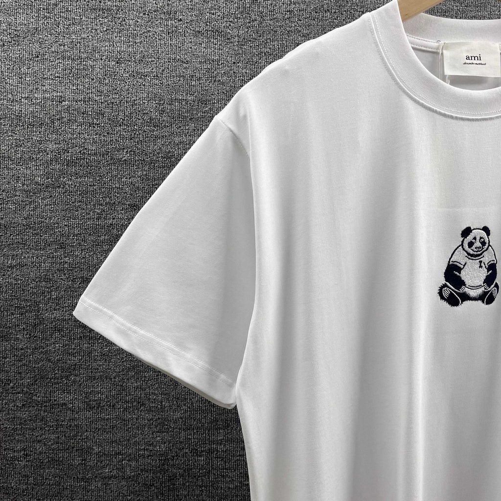 AMI Paris Panda Embroidered Chest Crew Neck Short‑Sleeve T‑Shirt
