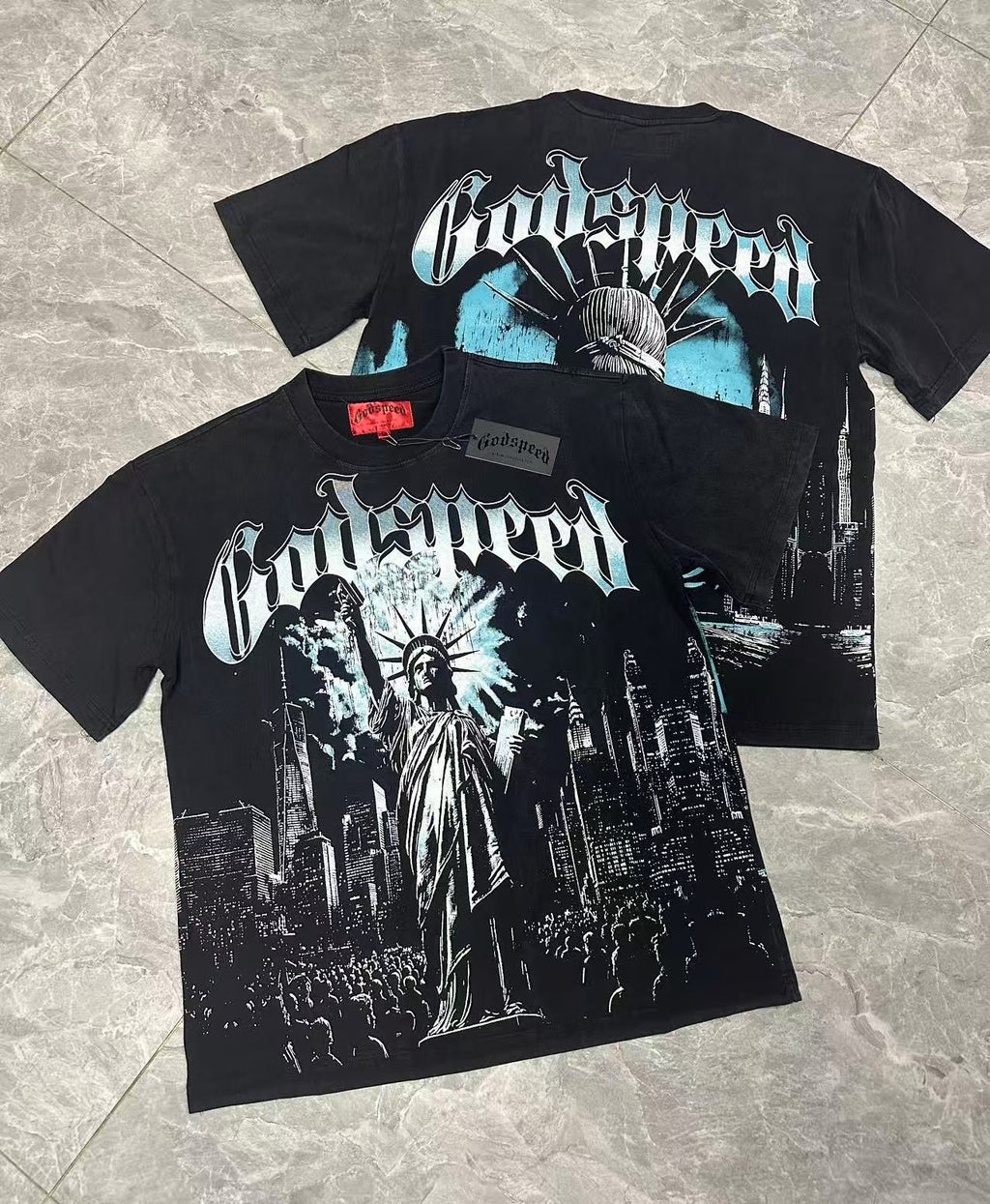 Godspeed Liberty Statue Crowd NYC Short Sleeve Tee (Washed Black)