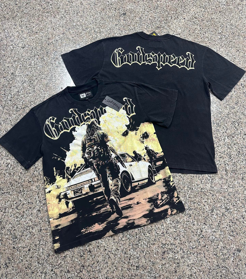 Godspeed Action Scene Retro Car Vintage Short‑Sleeve Tee (Washed Black)