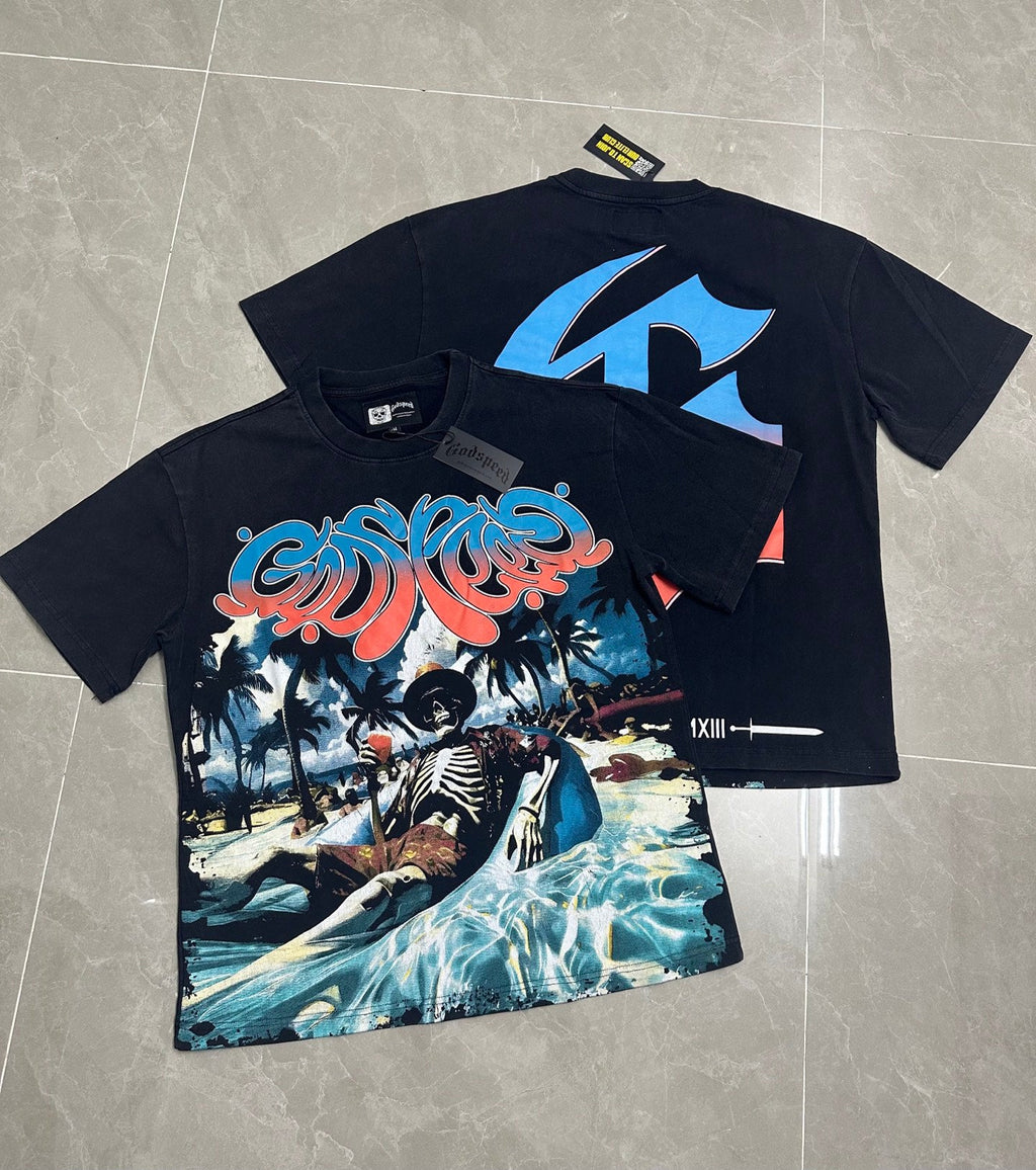 Godspeed Beach Vacation Skeleton Vintage Short‑Sleeve Tee (Washed Black)