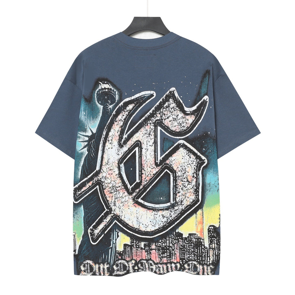 Godspeed Skeleton Driving NYC Double‑Sided Short Sleeve Tee (Slate Blue / Cream Yellow)