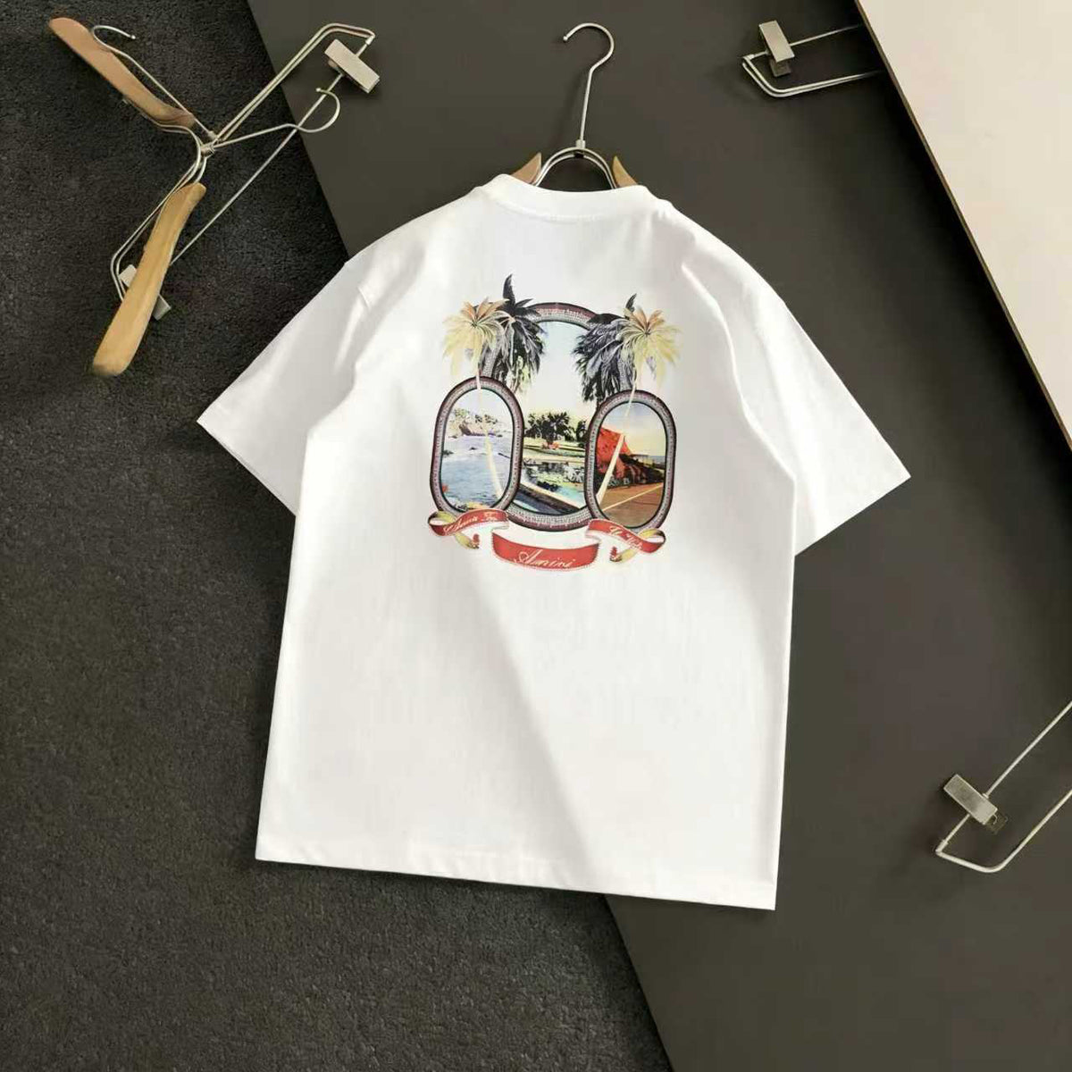 Amiri Tropical Beach Badge Graphic Crew‑Neck Short‑Sleeve T‑Shirt