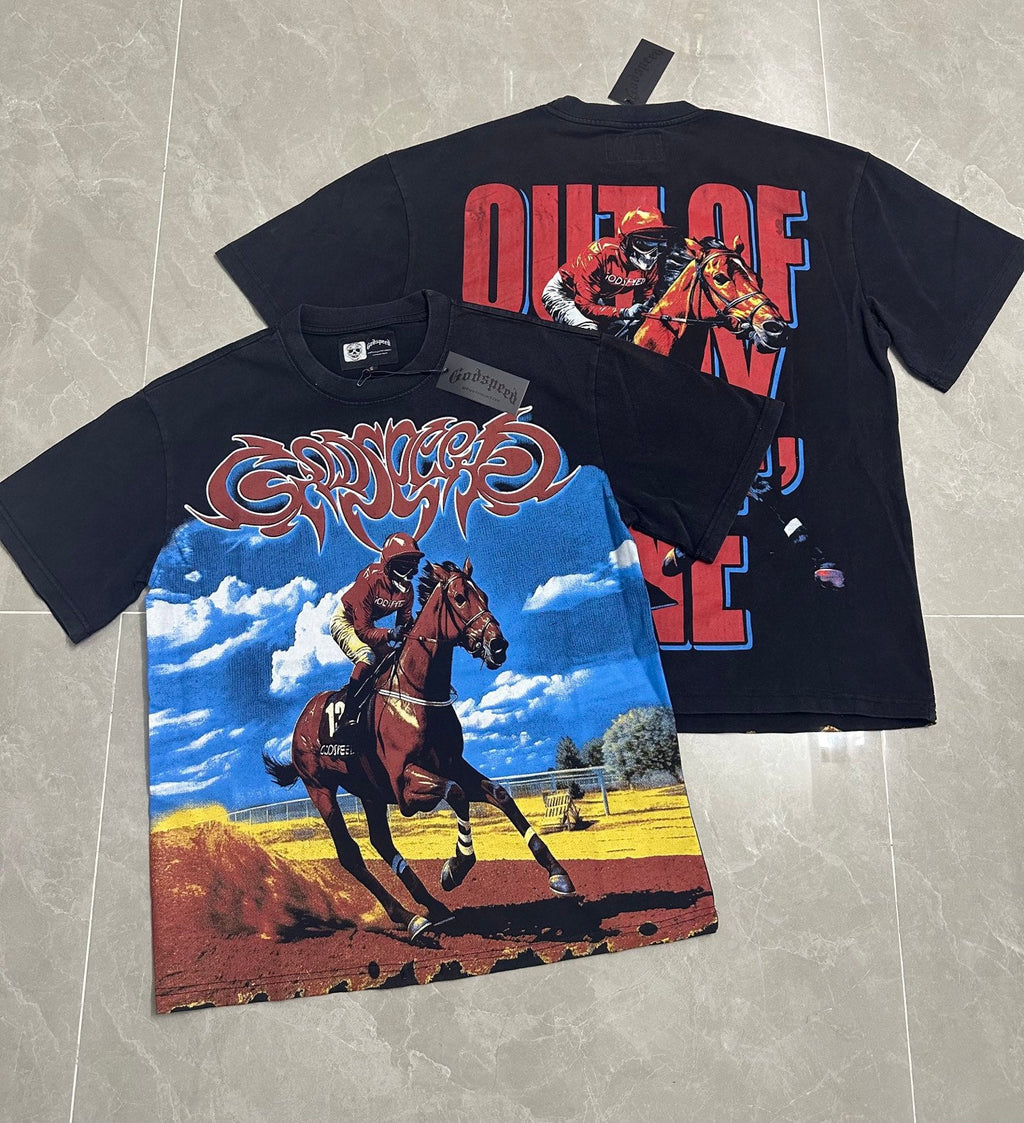 Godspeed Horse‑Racing Jockey Vintage Short‑Sleeve Tee (Washed Black)