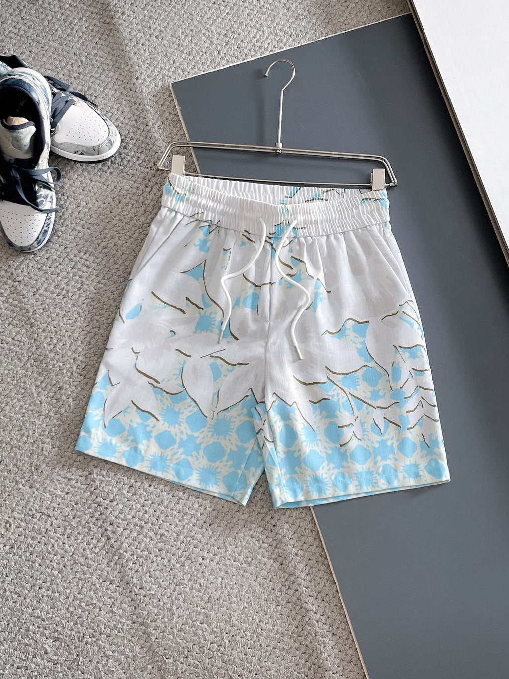AMIRI Tropical Floral Print Short‑Sleeve Button‑Up Shirt & Drawstring Shorts Summer Two‑Piece Set