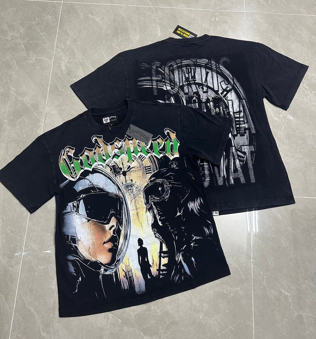 Godspeed Astronaut Time Clock Vintage Short‑Sleeve Tee (Washed Black)