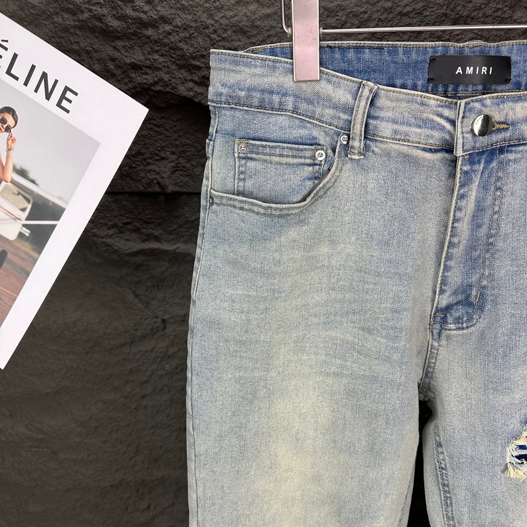 AMIRI Blue Ribbed Patch Diamond‑Rip Distressed Slim‑Fit Denim Jeans