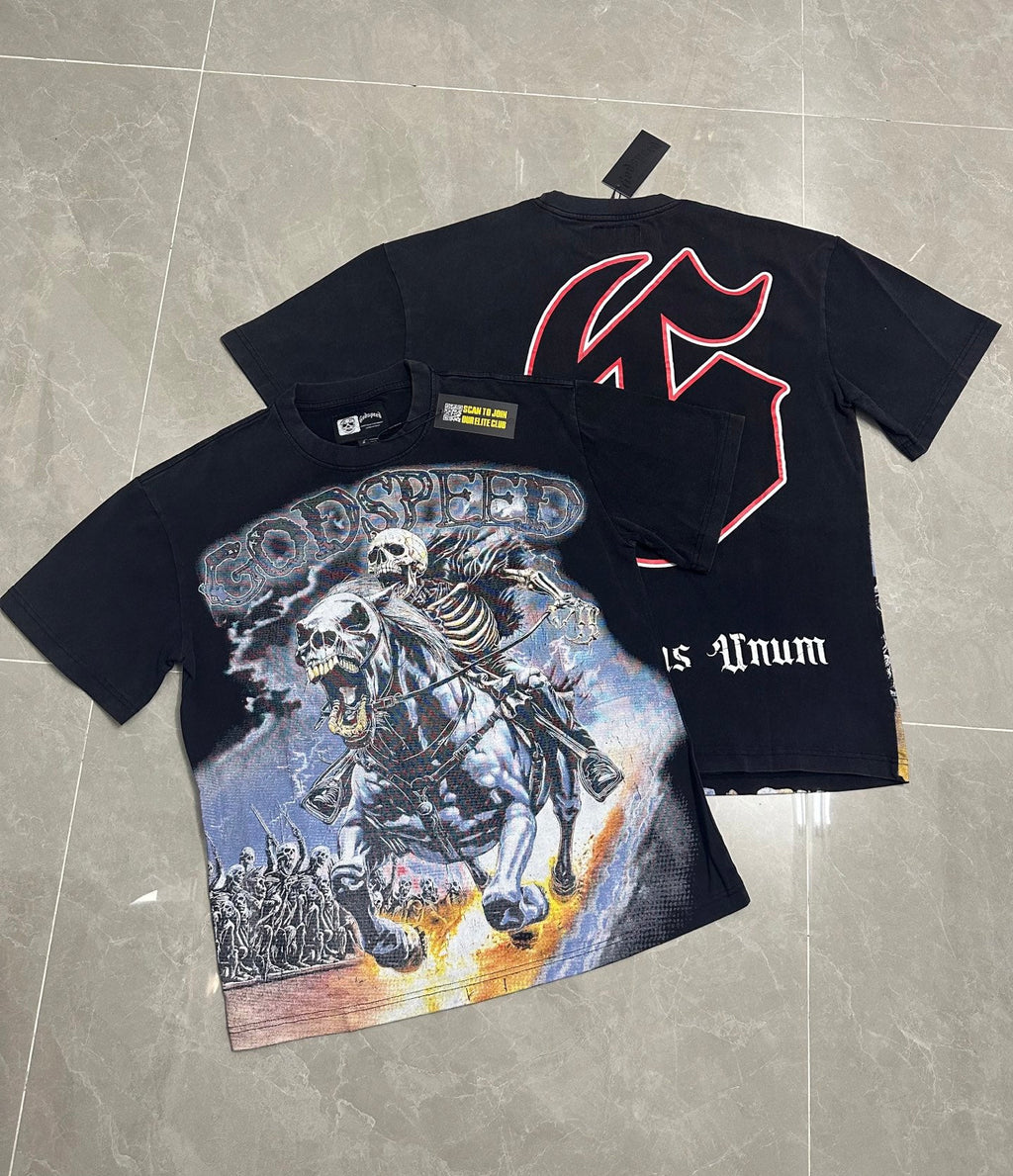 Godspeed Skeleton Horseman Vintage Short‑Sleeve Tee (Washed Black)