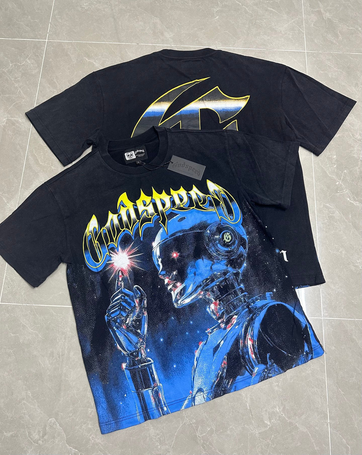 Godspeed Blue Space Robot Vintage Short‑Sleeve Tee (Washed Black)