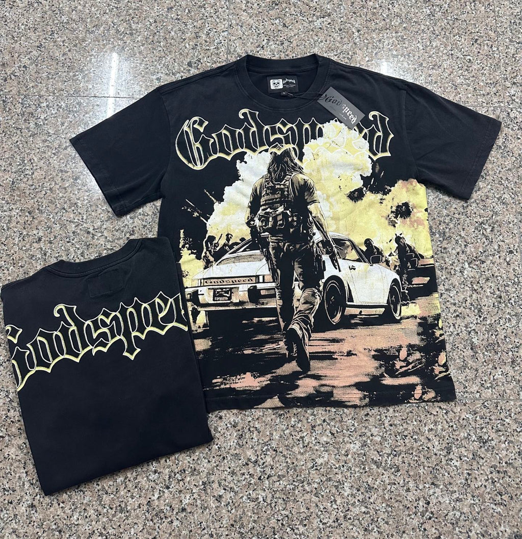 Godspeed Action Scene Retro Car Vintage Short‑Sleeve Tee (Washed Black)