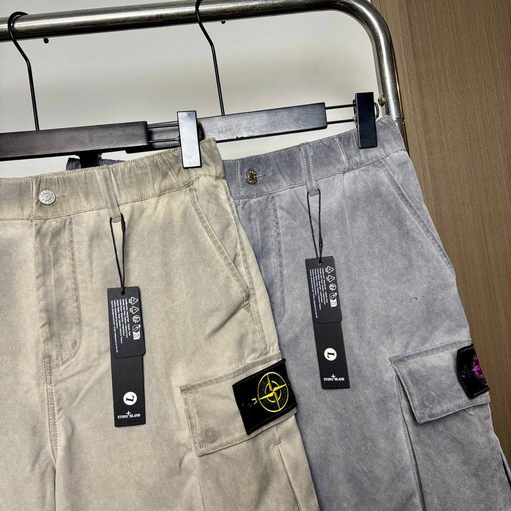Stone Island Washed Lustrous Cargo Shorts with Double Flap Pockets and Compass Badge