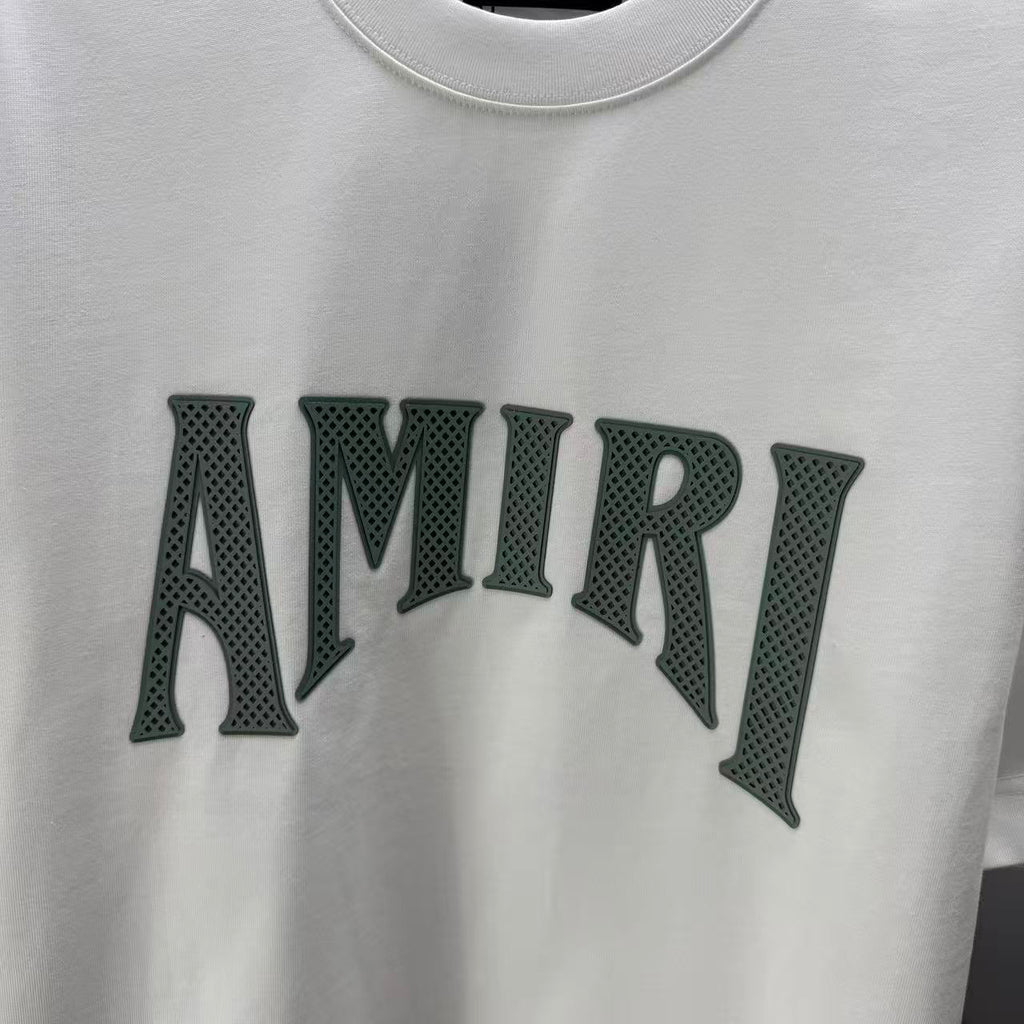 AMIRI Perforated Collegiate Logo Crew‑Neck Short‑Sleeve T‑Shirt