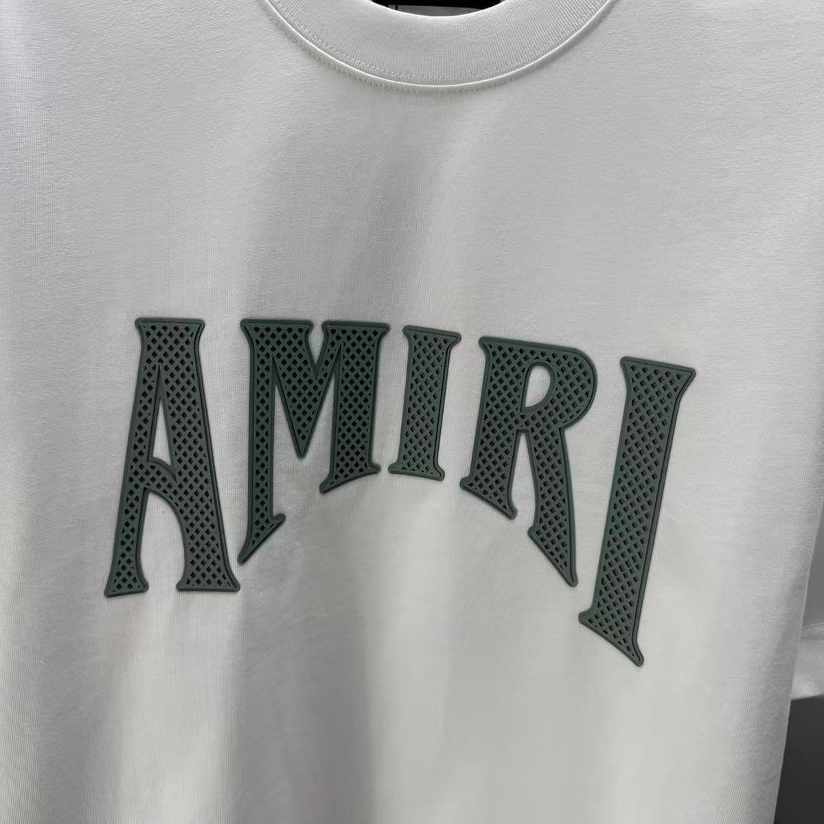 AMIRI Perforated Collegiate Logo Crew‑Neck Short‑Sleeve T‑Shirt