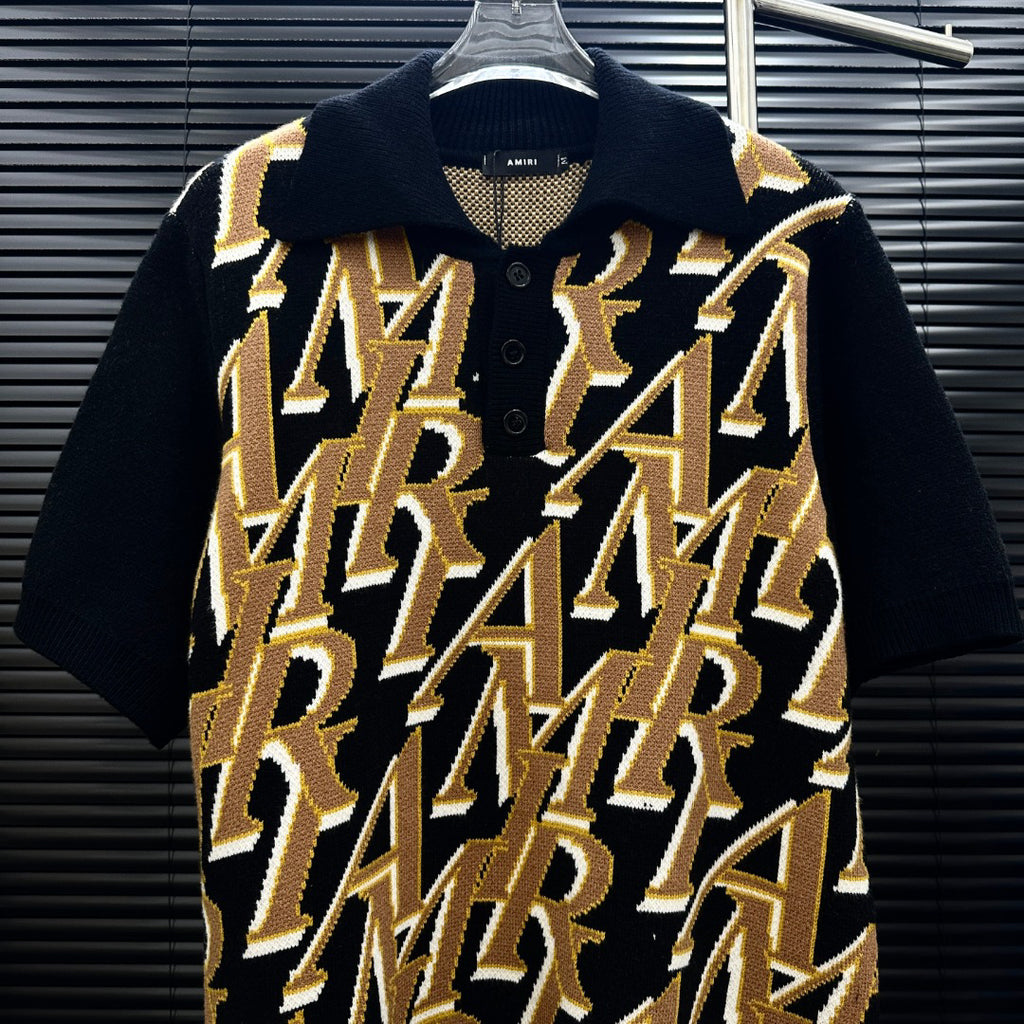 AMIRI All‑Over Letter Jacquard Short‑Sleeve Knit Polo Shirt