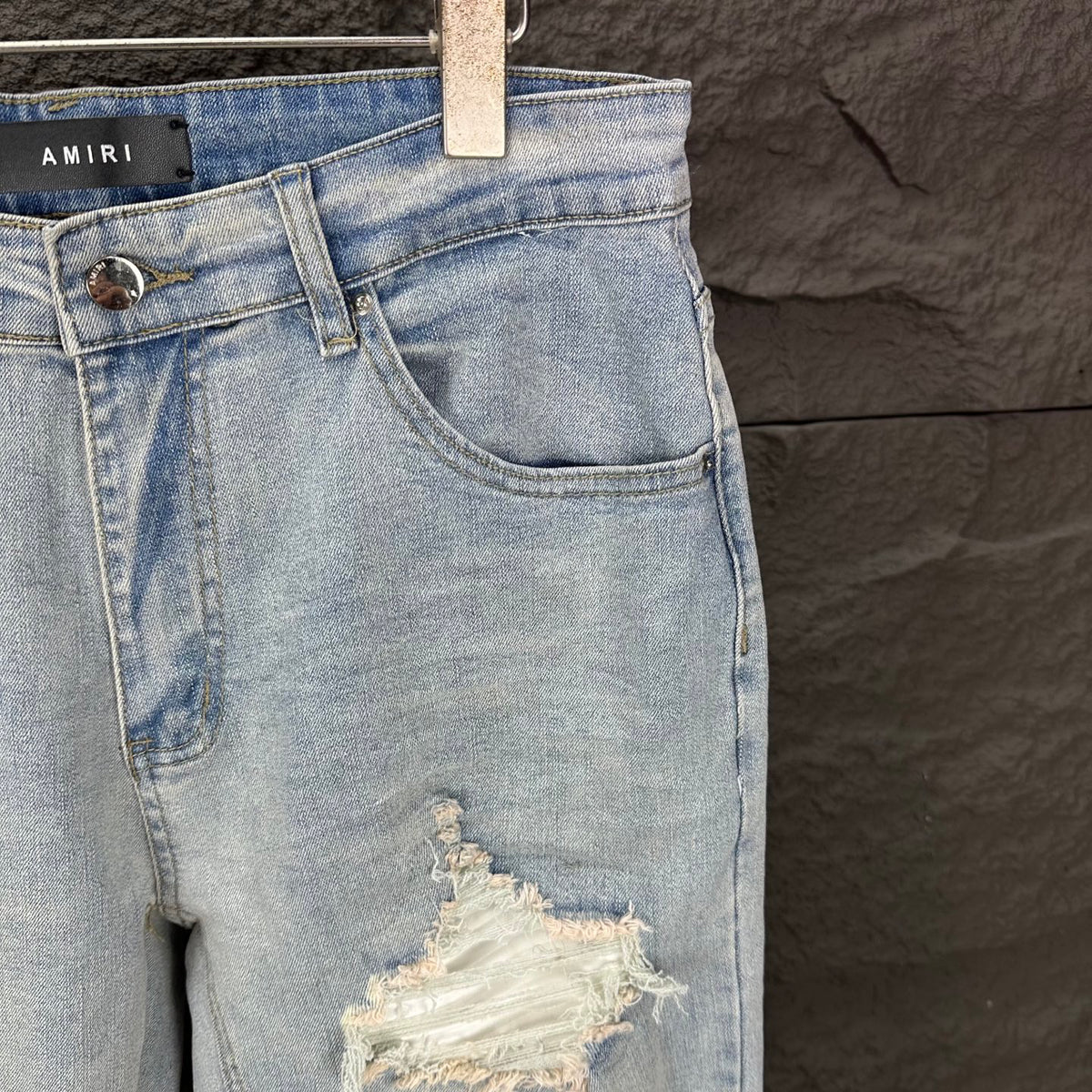 AMIRI White Ribbed Patch Distressed Slim‑Fit Denim Jeans
