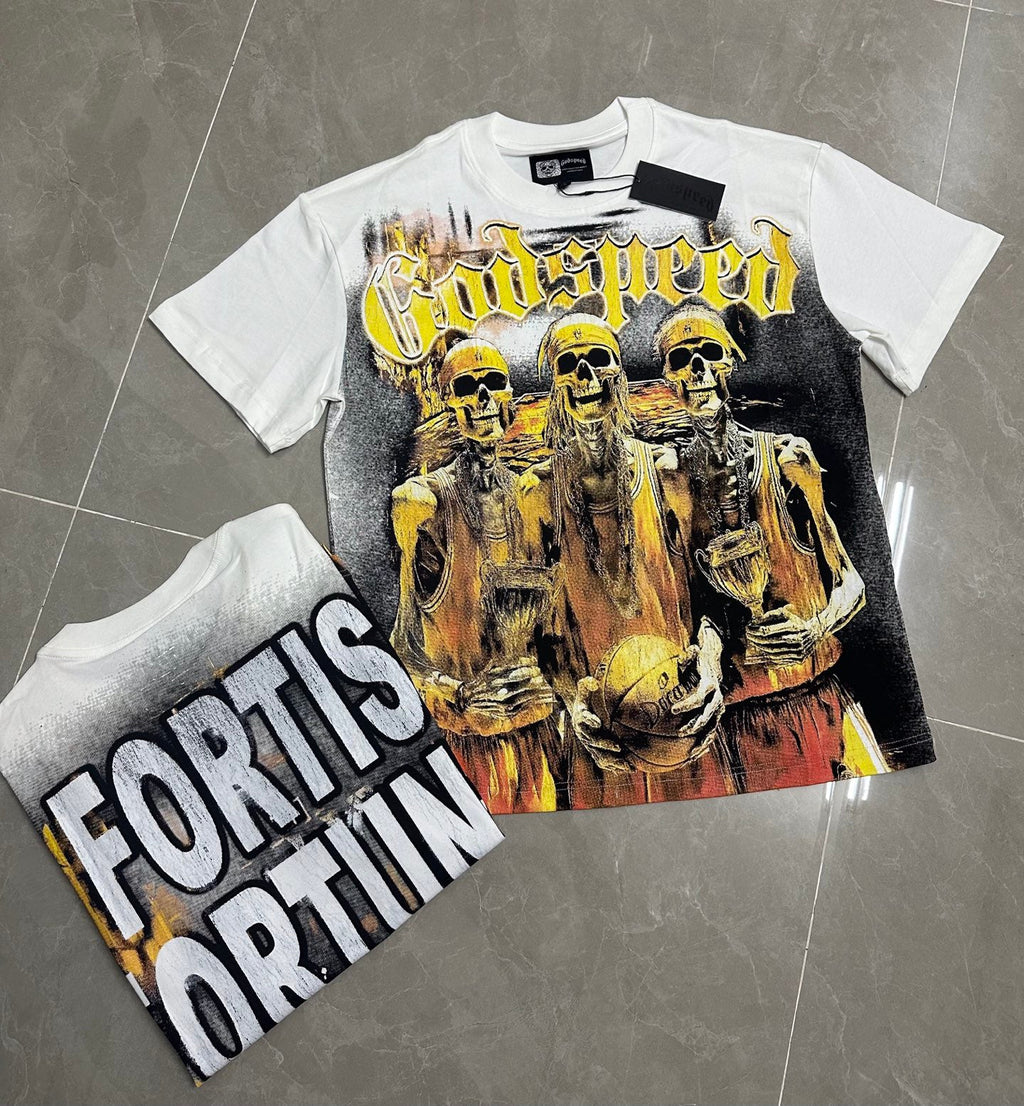 Godspeed Skeleton Basketball Champions Vintage Short‑Sleeve Tee (White)