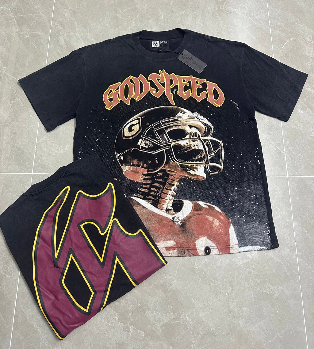 Godspeed Football Skeleton Vintage Short‑Sleeve Tee (Washed Black)