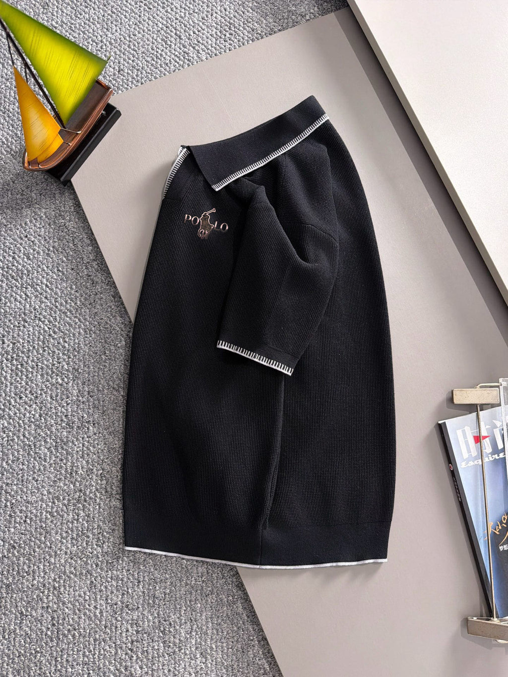Men's Knit Short‑Sleeve Polo Shirt Contrast Trim Collar Embroidery Top