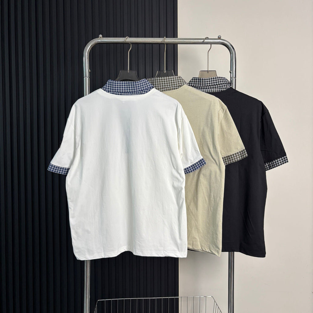 Stone Island Faux Two-Piece Short Sleeve Top with Gingham Collar