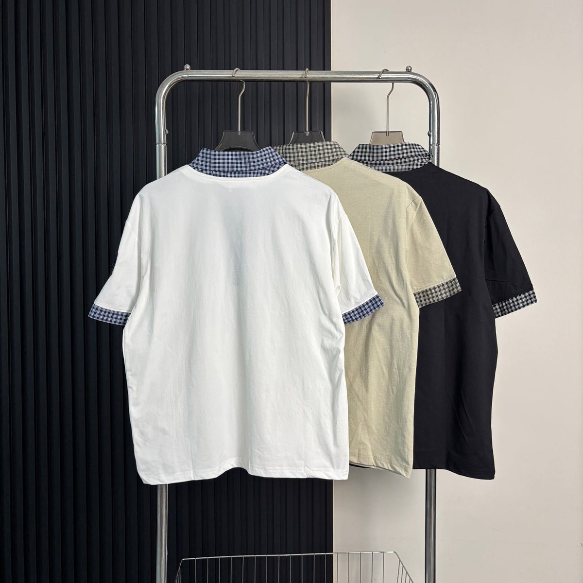 Stone Island Faux Two-Piece Short Sleeve Top with Gingham Collar
