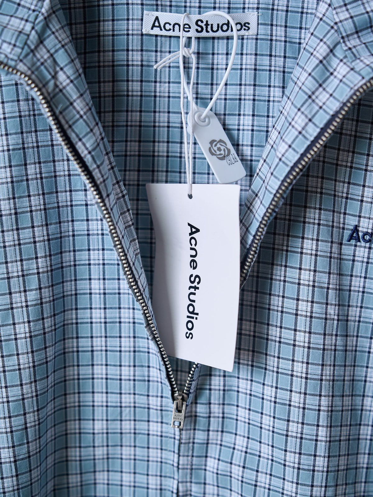 Acne Studios Blue Gingham Zip‑Up Hooded Jacket
