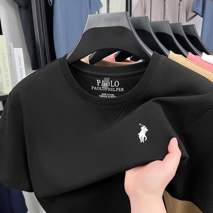 Men's Crew Neck Pique Short‑Sleeve T‑Shirt, Rider Figure Embroidery Casual Basic Top