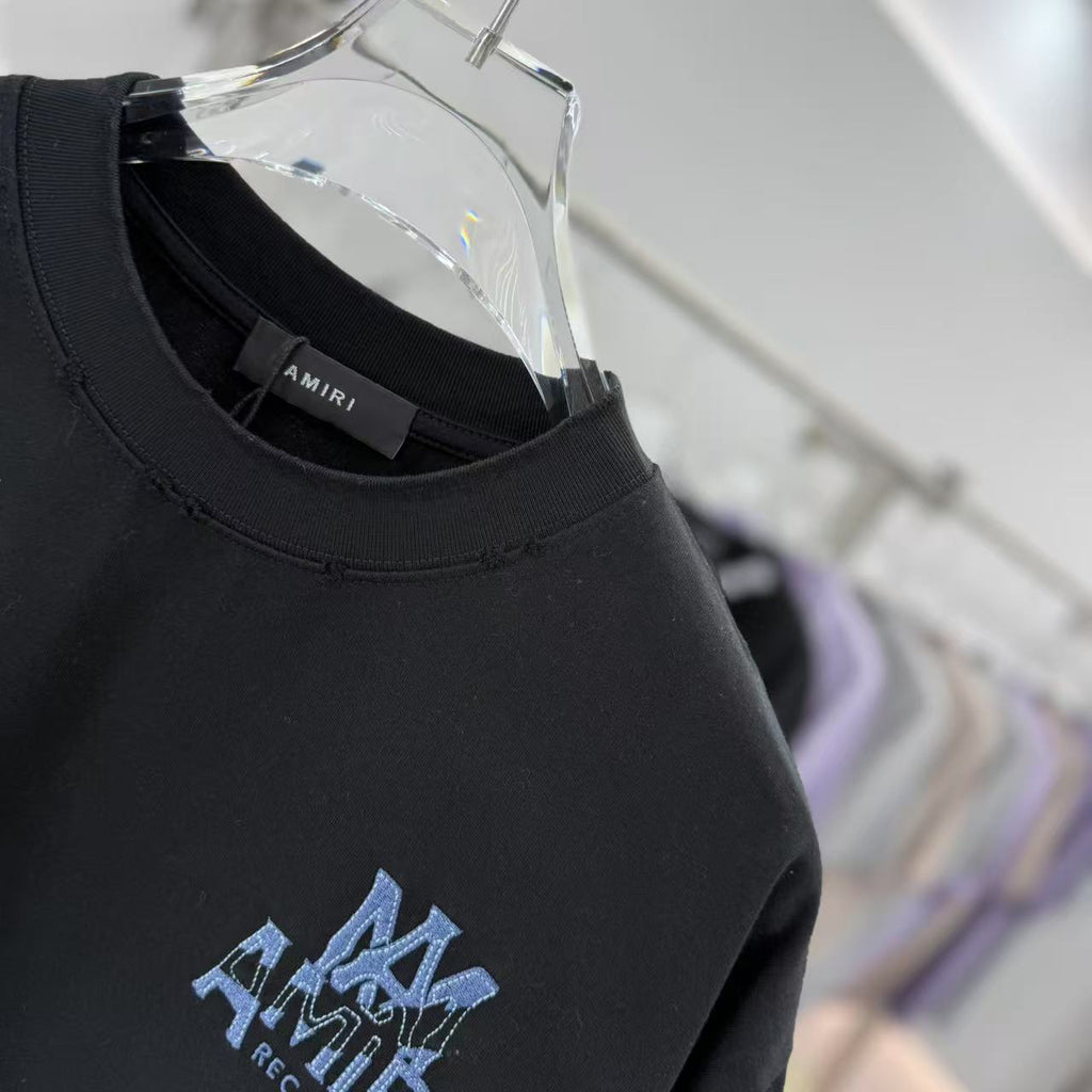 AMIRI Records Denim Patch Applique Back Graphic Crew Neck Short‑Sleeve T‑Shirt