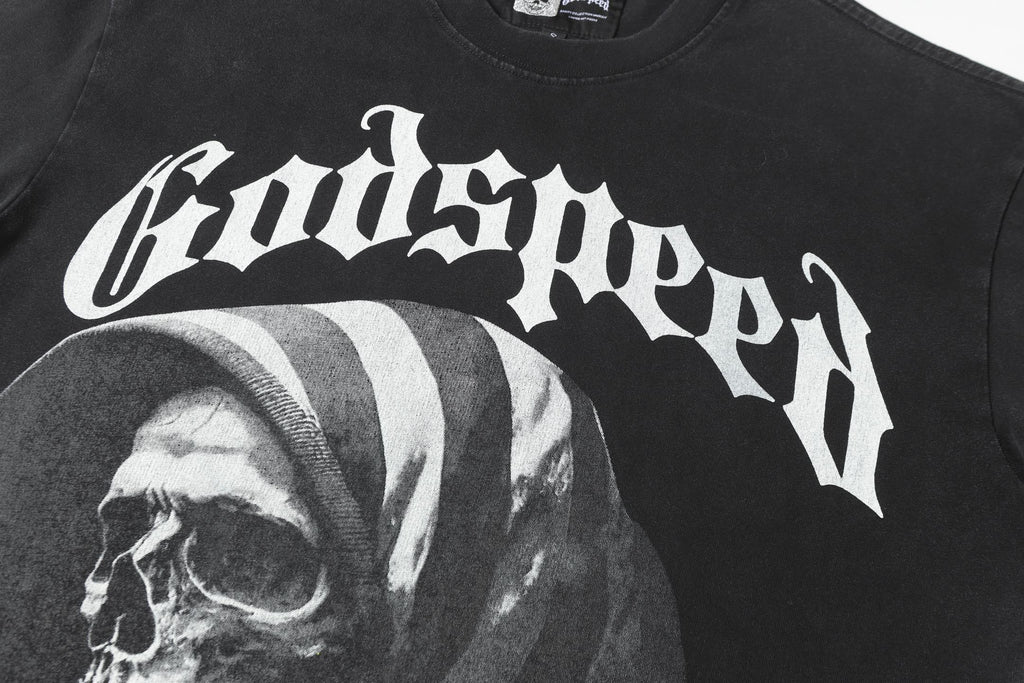 Godspeed American Flag Hooded Skeleton Short‑Sleeve T‑Shirt (Black)