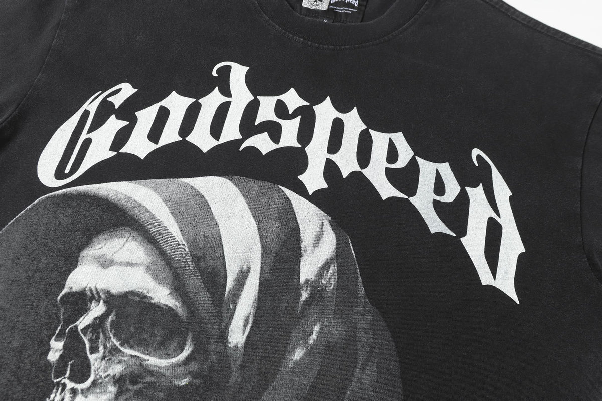 Godspeed American Flag Hooded Skeleton Short‑Sleeve T‑Shirt (Black)