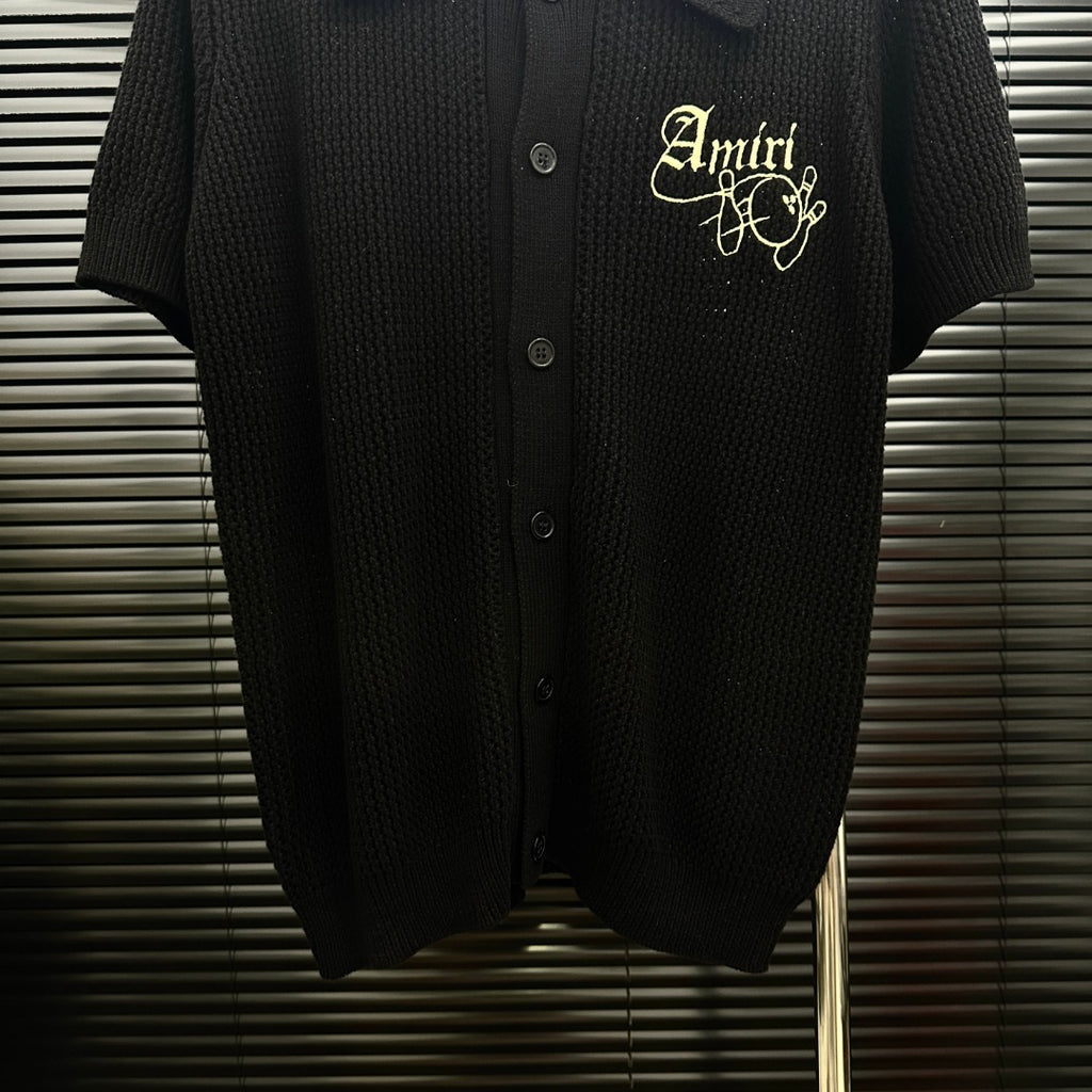 AMIRI Gothic Script Embroidered Short‑Sleeve Knit Cardigan