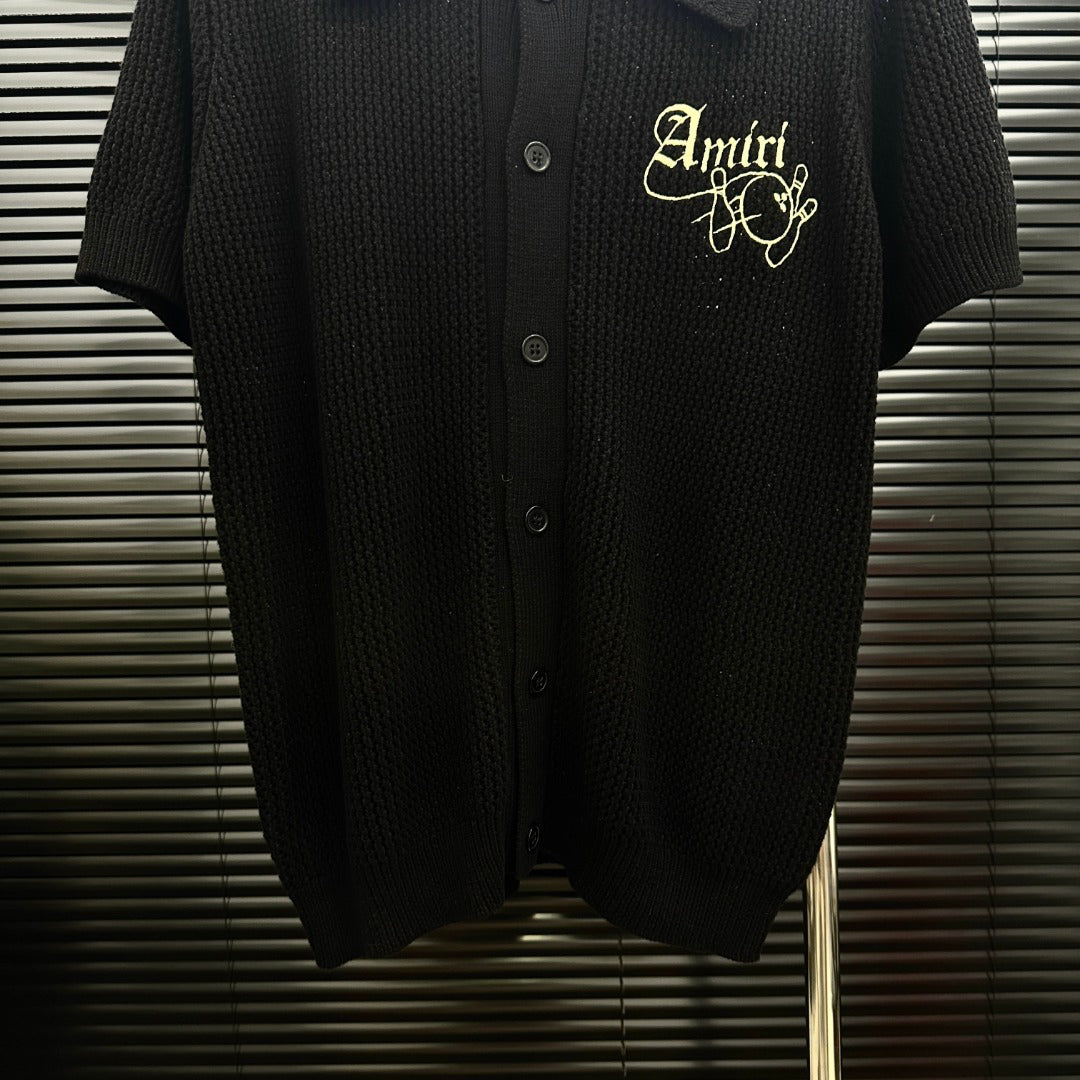 AMIRI Gothic Script Embroidered Short‑Sleeve Knit Cardigan
