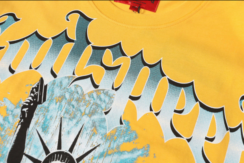 Godspeed Back‑View Statue Of Liberty NYC Short Sleeve Tee (Bright Yellow)