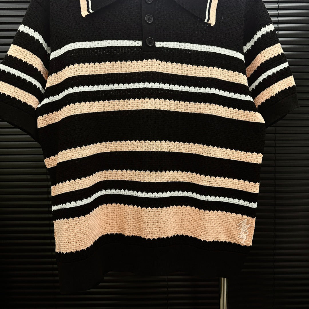 AMIRI Striped Knit Short‑Sleeve Polo Shirt