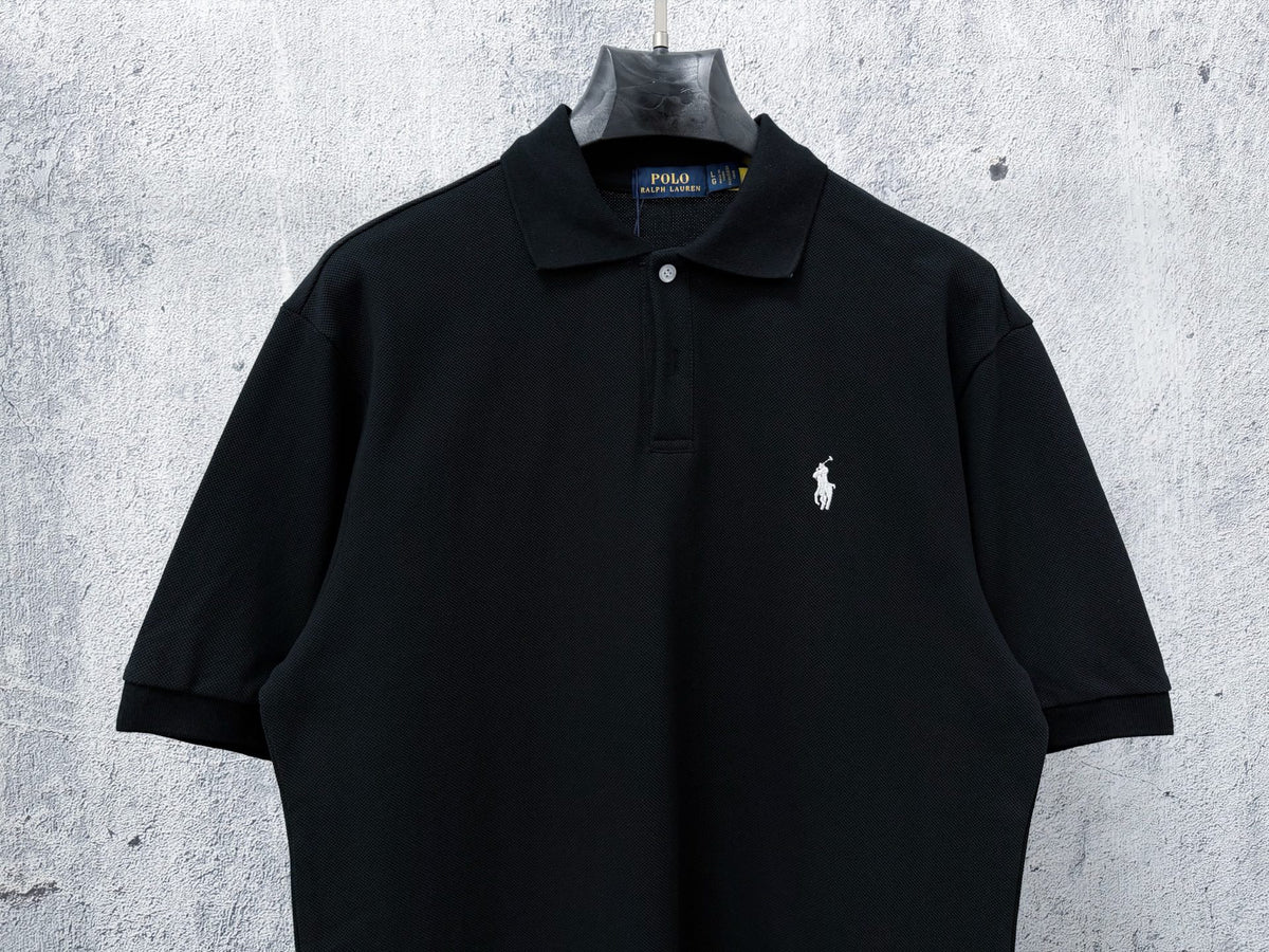 Men's Pique Knit Short‑Sleeve Polo Shirt Small Horse Embroidery Solid Black Casual Top