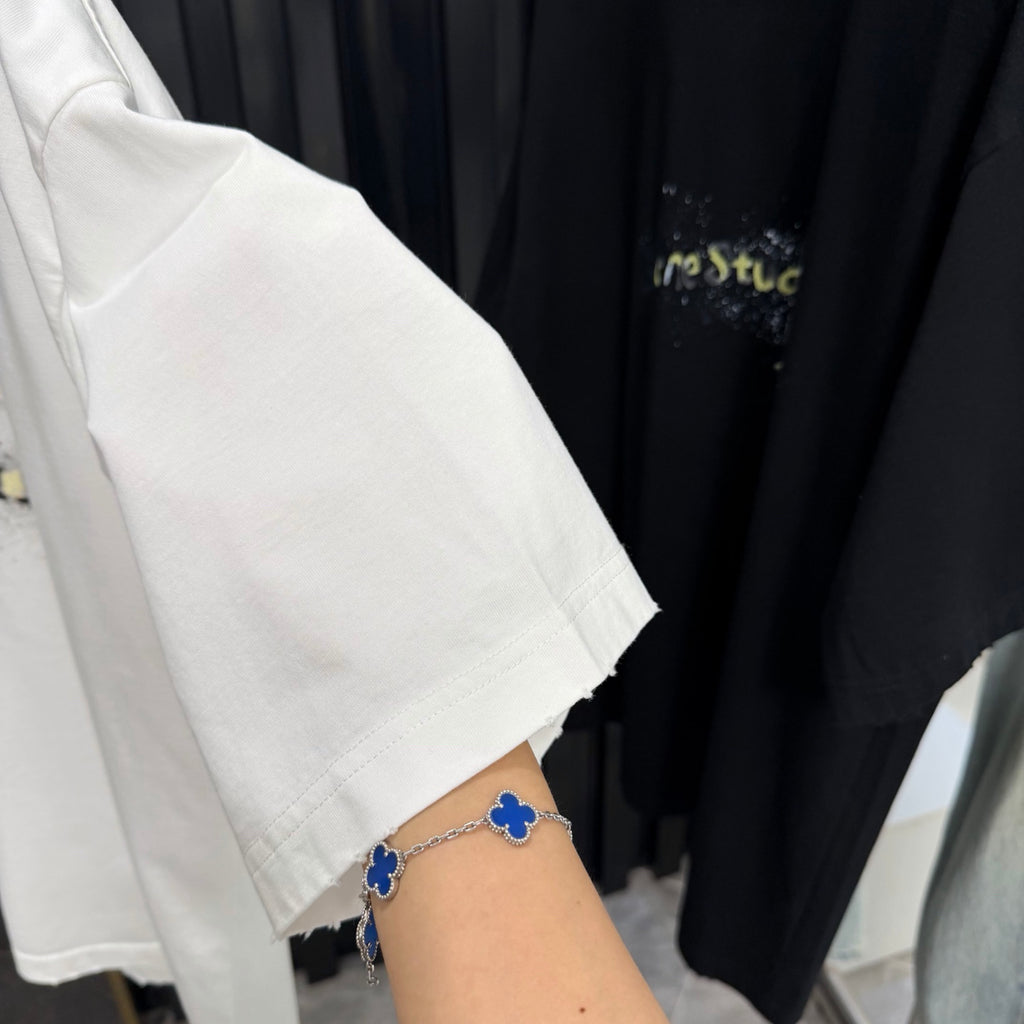 Acne Studios Spray‑Effect Brand‑Script Distressed‑Trim Oversized Crew‑Neck T‑Shirt