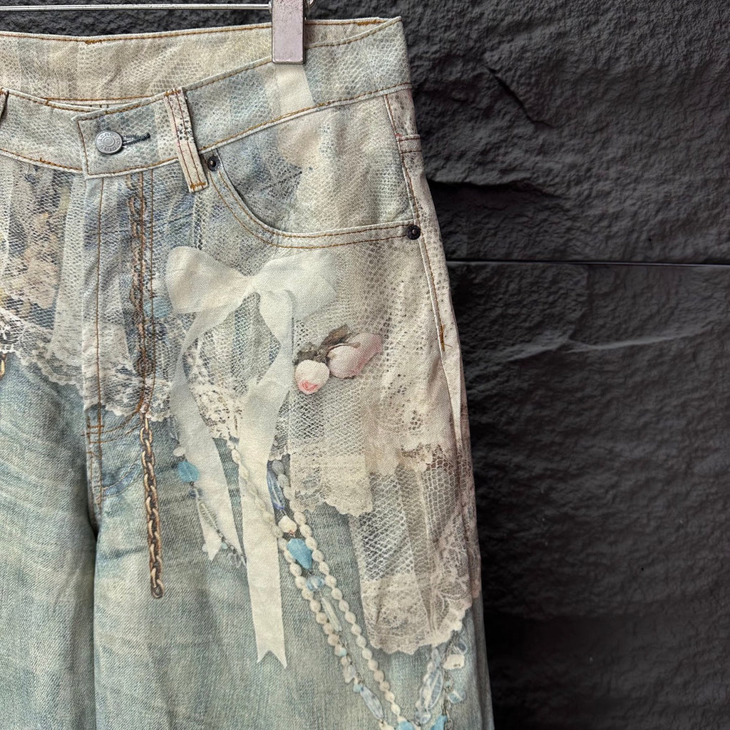 Acne Studios Vintage Pearl‑Lace Print Wide‑Leg Jeans