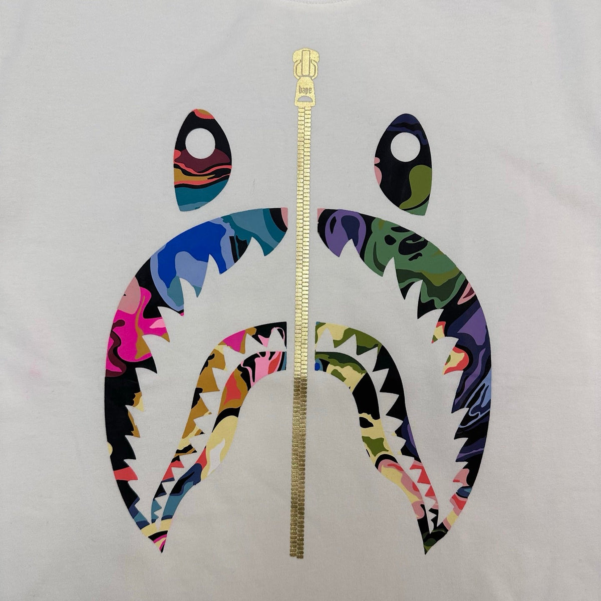 BAPE Art Camo Multicolor Patchwork Shark Face Zip Oversized Heavyweight Unisex T-Shirt