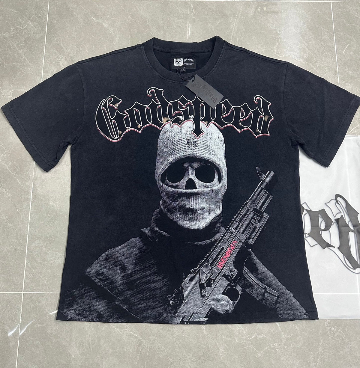 Godspeed Skull Balaclava Gunman Vintage Short‑Sleeve Tee (Washed Black)