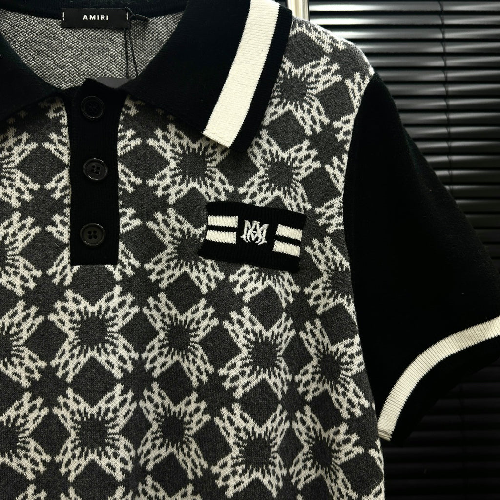 AMIRI Geometric Jacquard Color‑Block Short‑Sleeve Knit Polo Shirt