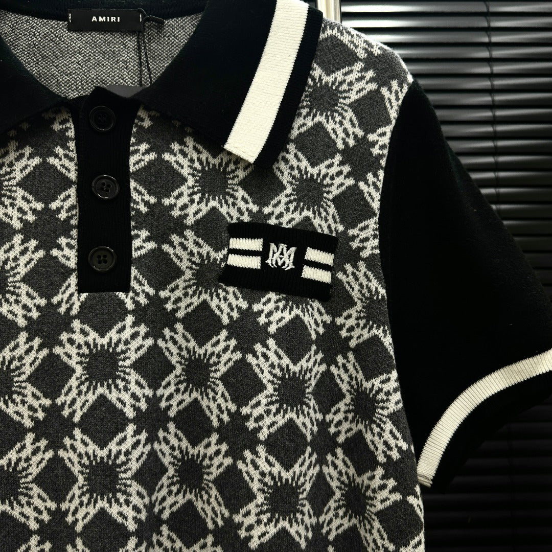AMIRI Geometric Jacquard Color‑Block Short‑Sleeve Knit Polo Shirt