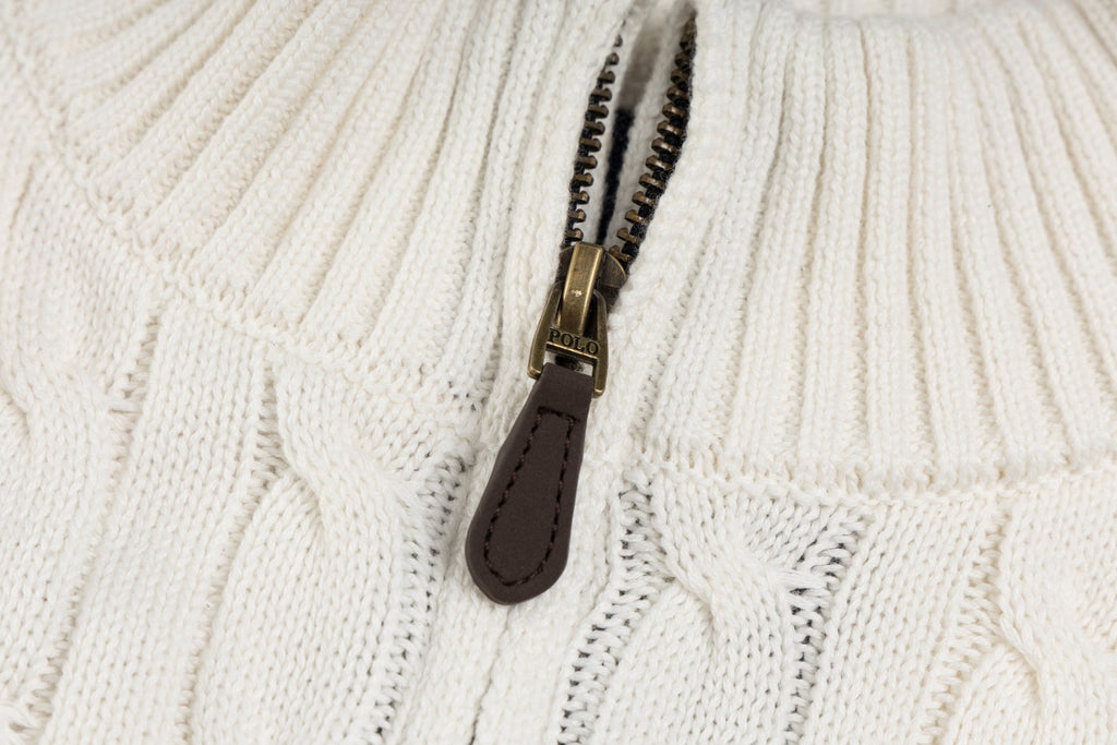 Ralph Lauren Men's Full‑Zip Cable Knit Stand Collar Cardigan Sweater With Navy Pony Logo
