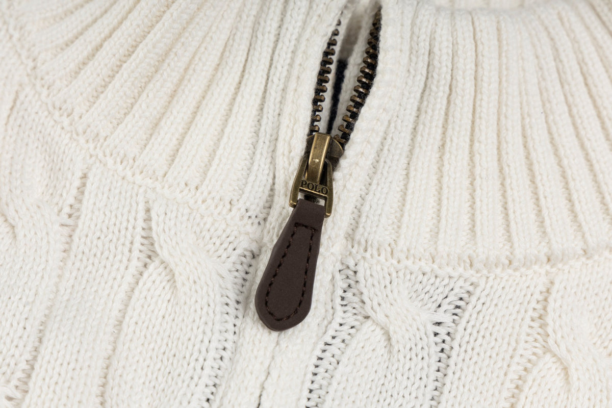 Ralph Lauren Men's Full‑Zip Cable Knit Stand Collar Cardigan Sweater With Navy Pony Logo
