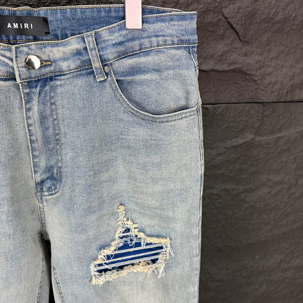 AMIRI Blue Ribbed Patch Diamond‑Rip Distressed Slim‑Fit Denim Jeans