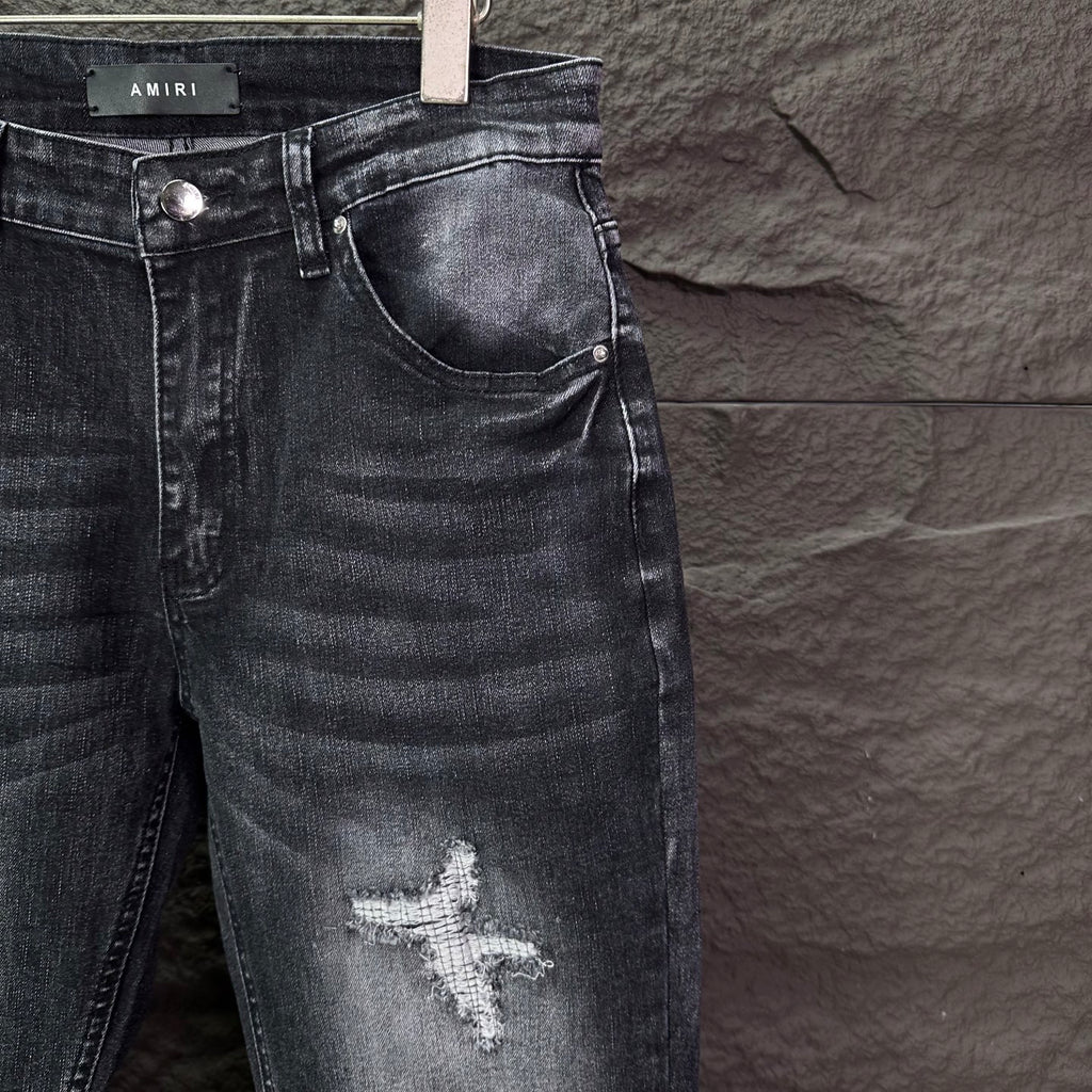 AMIRI Logo‑Print Multi‑Rip Distressed Slim‑Fit Denim Jeans