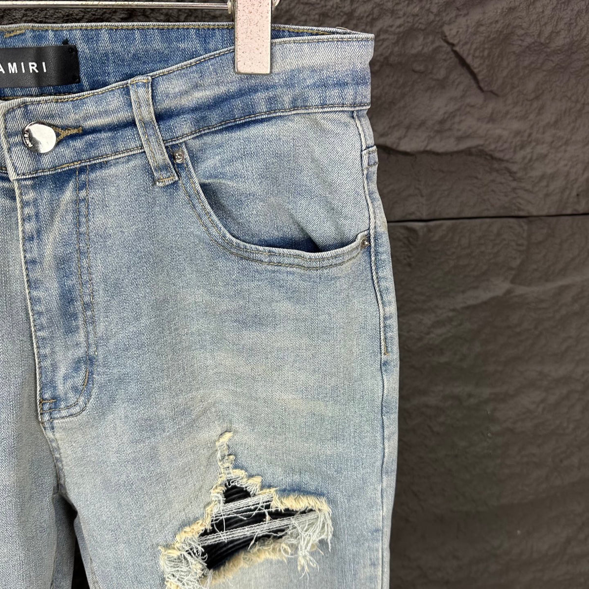 AMIRI Black Ribbed Patch Distressed Slim‑Fit Denim Jeans