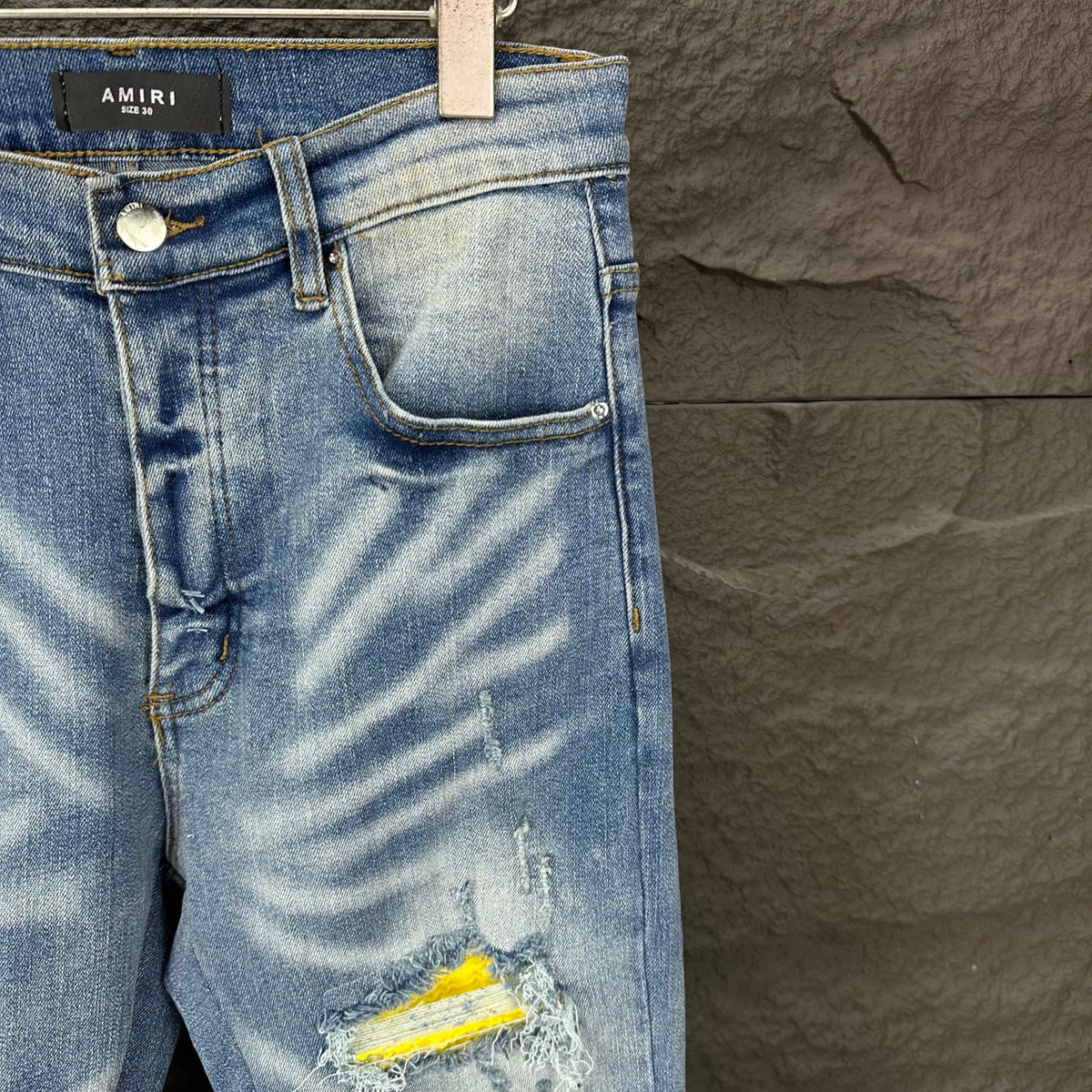 AMIRI Yellow Patch Distressed Printed Slim‑Fit Denim Jeans